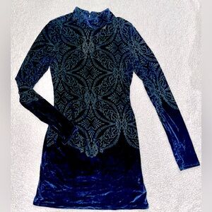 Free People - Navy Blue Velvet & Sheer Mini Body-Con Dress